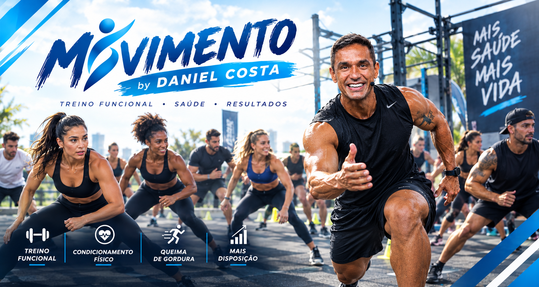 Banner Movimento por Daniel Costa: treino funcional, saúde e resultados, com Daniel e a equipe em um treino ao ar livre